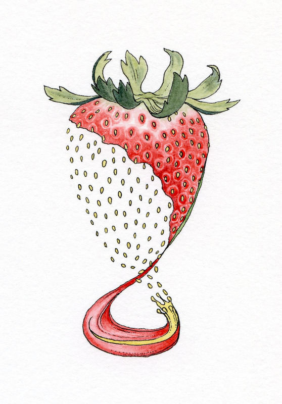Becoming A Strawberry by Noel Badges Pugh ink & watercolor