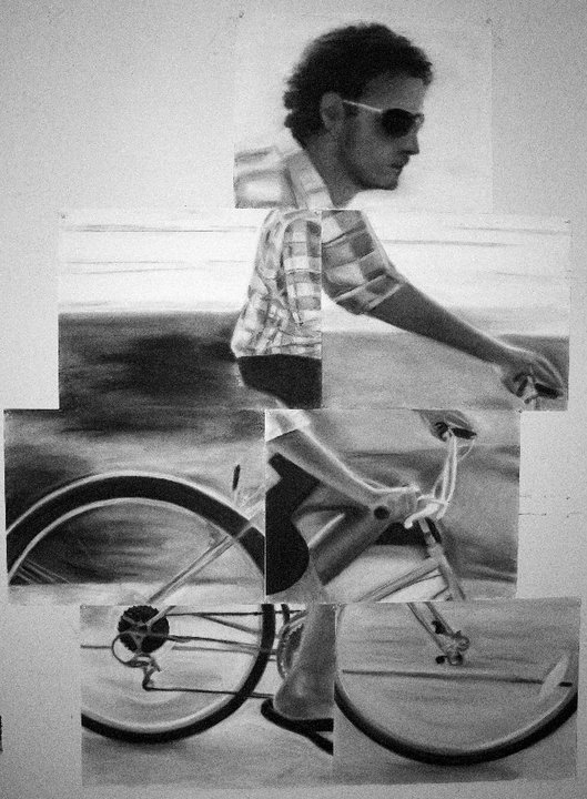 Brother on Bicycle, drawing collage, soft pastels, 6 ft X 4 ft