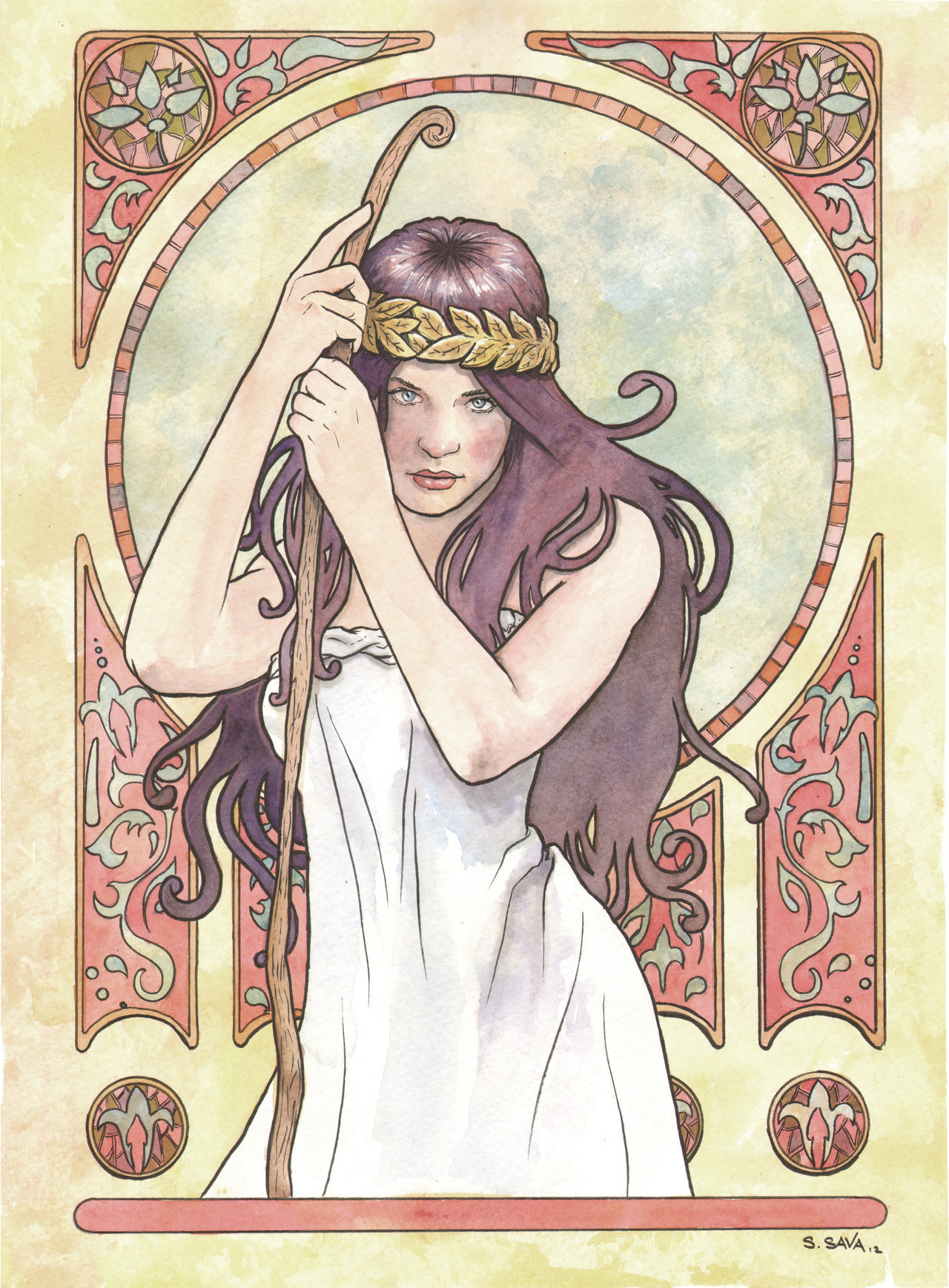 Another attempt at an Alphonse Mucha style. I’m learning a lot. And trying to add more bits of design into each one. Watercolor and ink on 11x15 inch watercolor paper The photo reference/inspiration was...