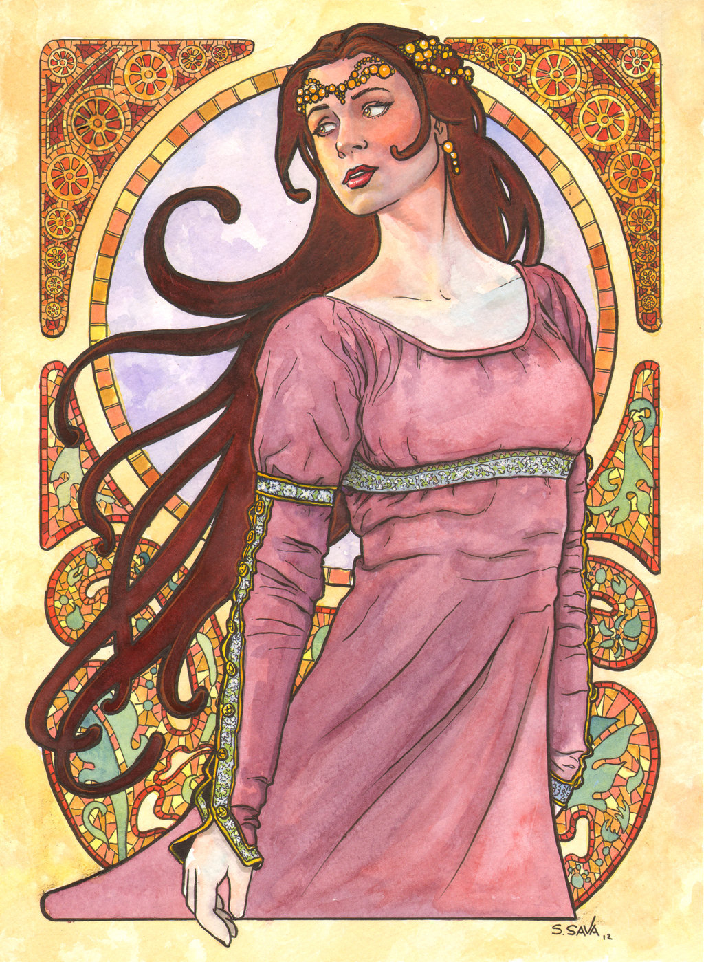 This is my Fourth painting in the Alphonse Mucha style. I’m really enjoying it. Thank you all for the compliments and the encouragement. I hope to continue to do this. Watercolor and ink on 11x15 inch watercolor paper The photo reference/inspiration...