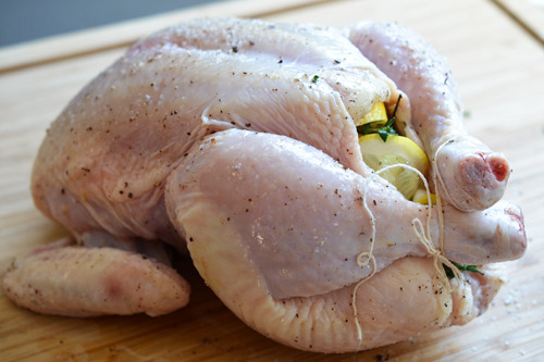 A seasoned raw roast chicken that is trussed and ready for the oven.