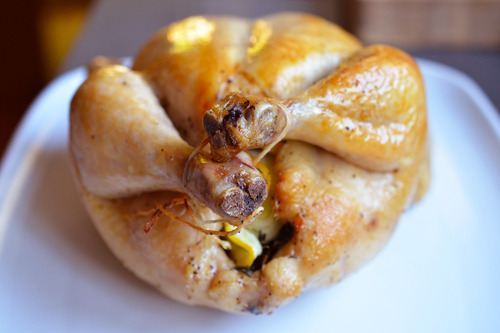 Closeup of Julia Child's Classic Roast Chicken right out of the oven.