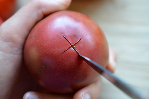 Someone cutting a small "x" on the bottom of a tomato with a knife.