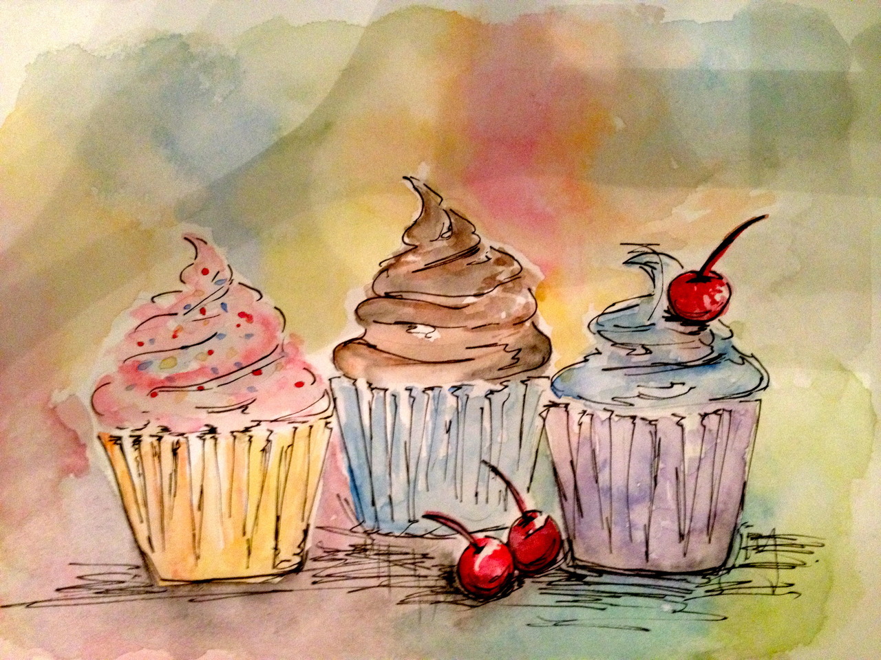 Watercolor cupcakes.