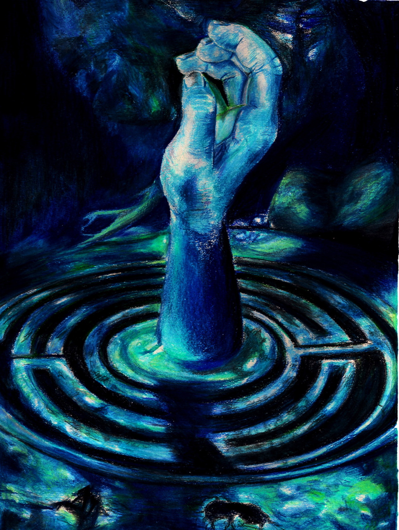 A part of last year’s AP concentration (hands and themes of the labyrinth). Color pencil, 9"x12"