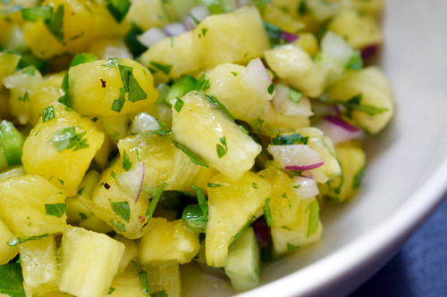 A bowl of spicy pineapple salsa.