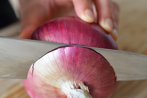 Someone cutting off the top of a red onion.