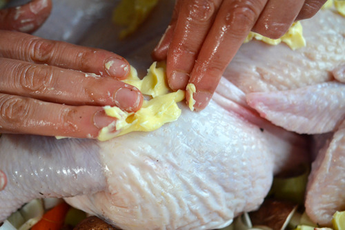 Someone spreading ghee on top of the skin of a raw chicken that is going to be roasted.