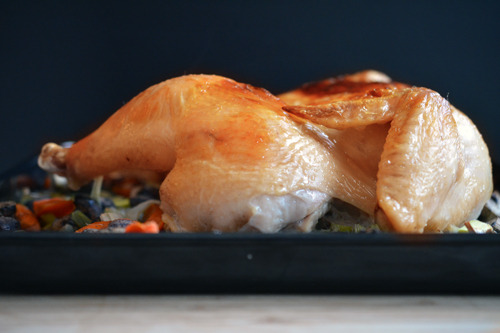 The easiest roast chicken ever baked and on a pan with vegetables underneath.
