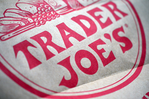 A closeup of a brown Trader Joe's paper bag.