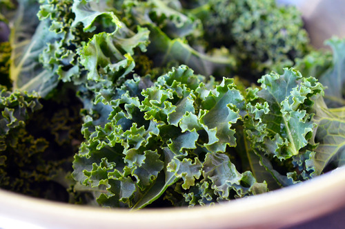 A bowl of raw kale, ready to make baked kale chips!